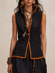 Western Chic Linen Stand-Collar Open-Front Black & Rust Maxi Skirt Set