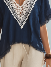 Refined Navy Lace V-Neck Blouse