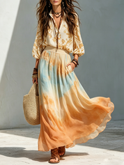 Boho Balloon Sleeve Shirt And Watercolor Maxi Skirt Outfit