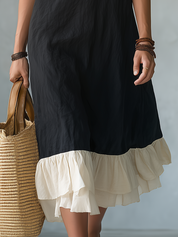 Elegant Black Contrast Ruffle Midi Dress