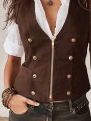 Western Boho Cotton-Linen Slim-Fit V-Neck Brown Waistcoat