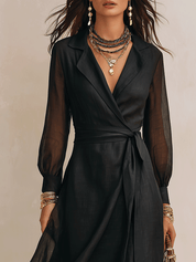 Elegant Resort Sheer Long-Sleeve Surplice Belted Black Maxi Dress