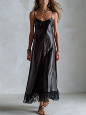 Bohemian Black PU Leather Lace Maxi Dress