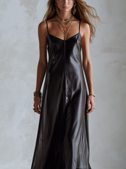 Bohemian Black PU Leather Lace Maxi Dress