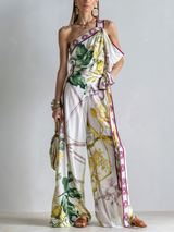 Bohemian Print One Shoulder Top And Wide Leg Set
