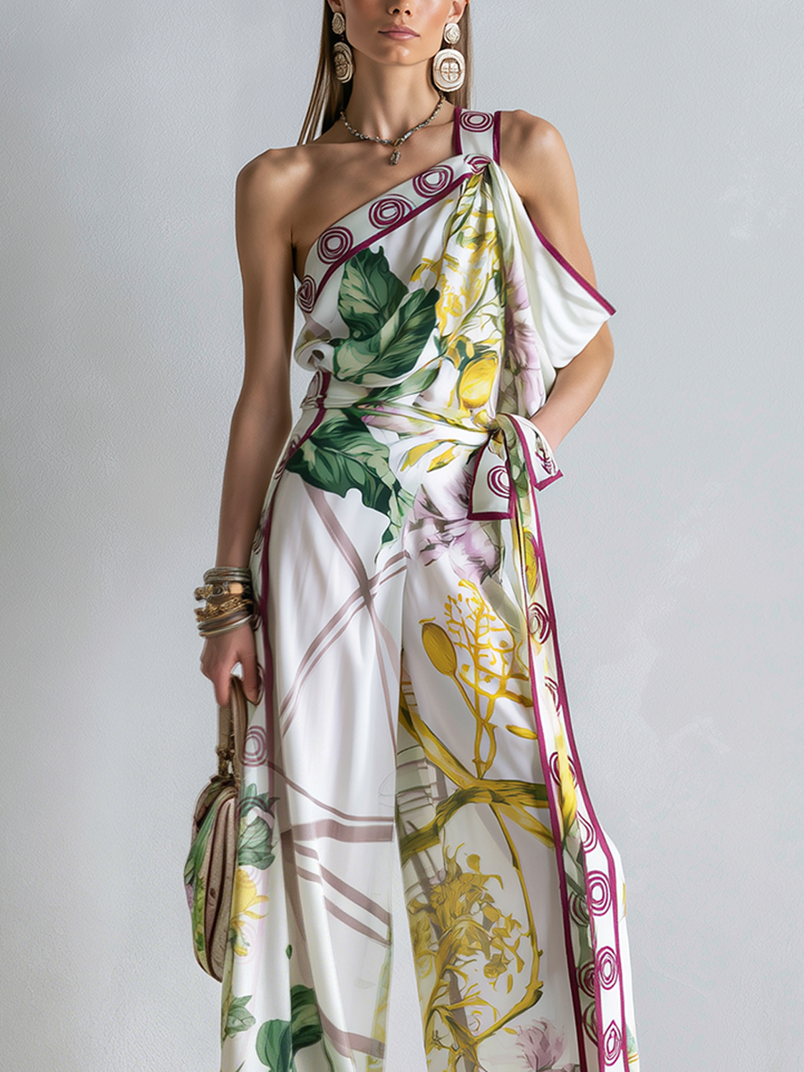 Bohemian Print One Shoulder Top And Wide Leg Set