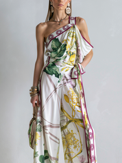 Bohemian Print One Shoulder Top And Wide Leg Set