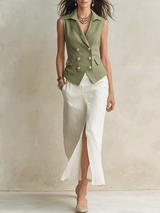 Safari Chic Olive Linen Vest & White Slit Maxi Skirt Set