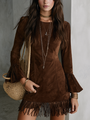 Western Boho Tummy-Covering Fringe Mini Dress