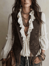 Western Boho Suede Embossed Lace-Up Brown Vest