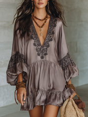 Vacation Dinner Flowy Satin Lace Tunic Mini Dress