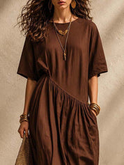 Old Money Wind Tencel Blend Linen Asymmetrical Cut Shirt Mid-Length Dress