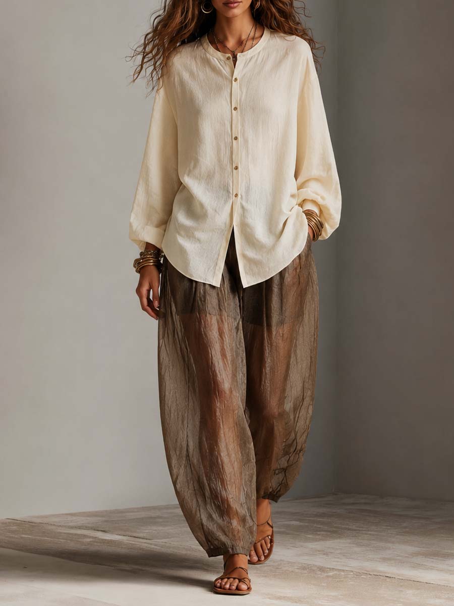 Old Money Style Cotton-Linen Shirt And Tencel Linen Wrinkled Wide-Leg Pants Two-Piece Set