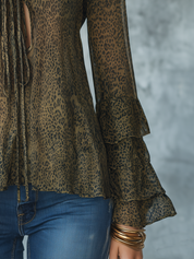 Elegant Olive Leopard Ruffle Sleeve Blouse