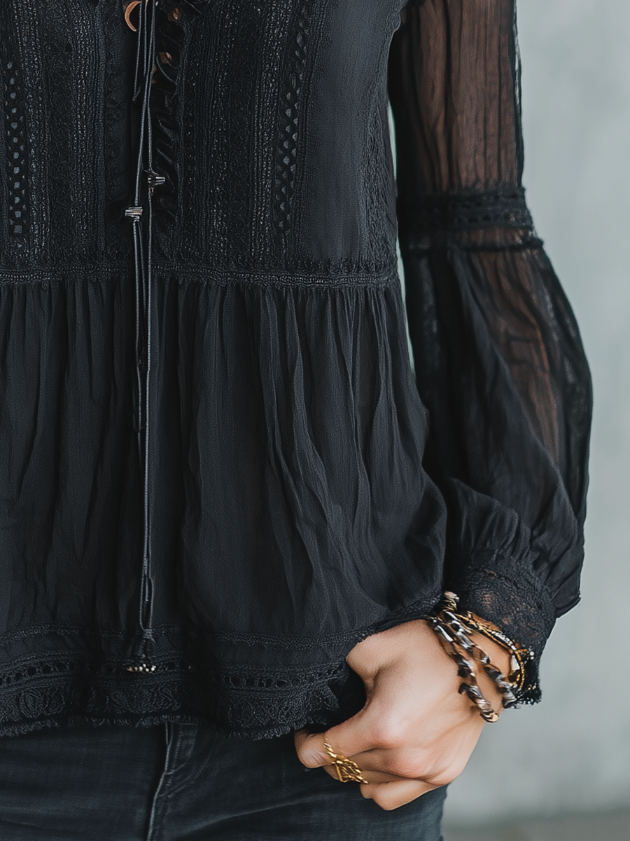 Elegant Black Lace Trim Blouse