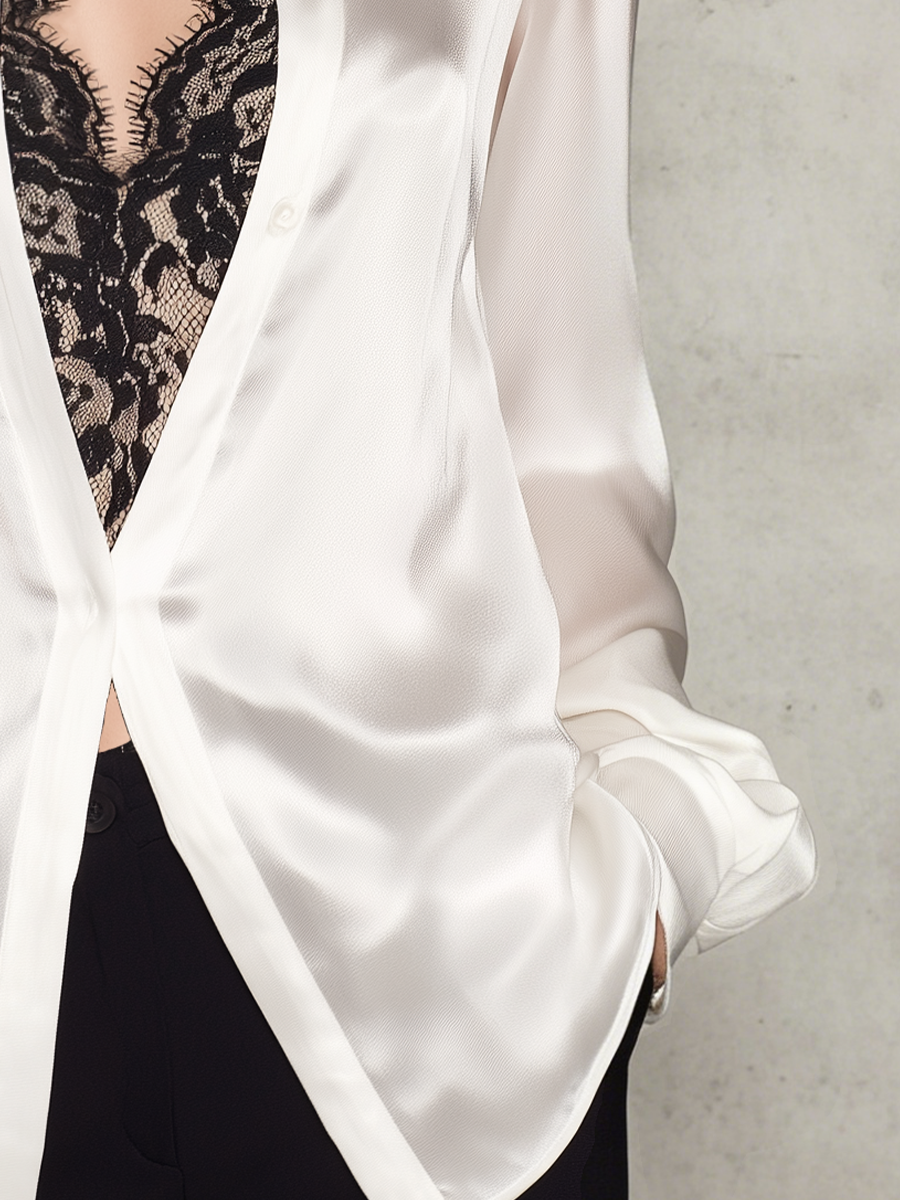 Exquisite Ivory Lace-paneled Satin Shirt