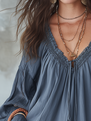 Relaxed Slate Blue Smocked Blouse