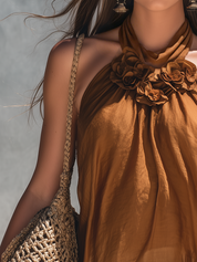 Graceful Caramel Floral Halter Top