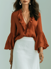 Boho Chic Rust Ruffle Blouse & White Cutwork Linen Maxi Skirt Set