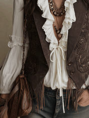 Western Boho Suede Embossed Lace-Up Brown Vest