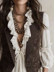 Western Boho Suede Embossed Lace-Up Brown Vest