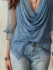 Effortless Chic Chiffon Polka-Dot Cowl-Neck Dusty Blue Blouse