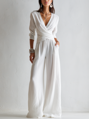 White Cotton Linen Wrap Top And Wide Leg Pants Suit
