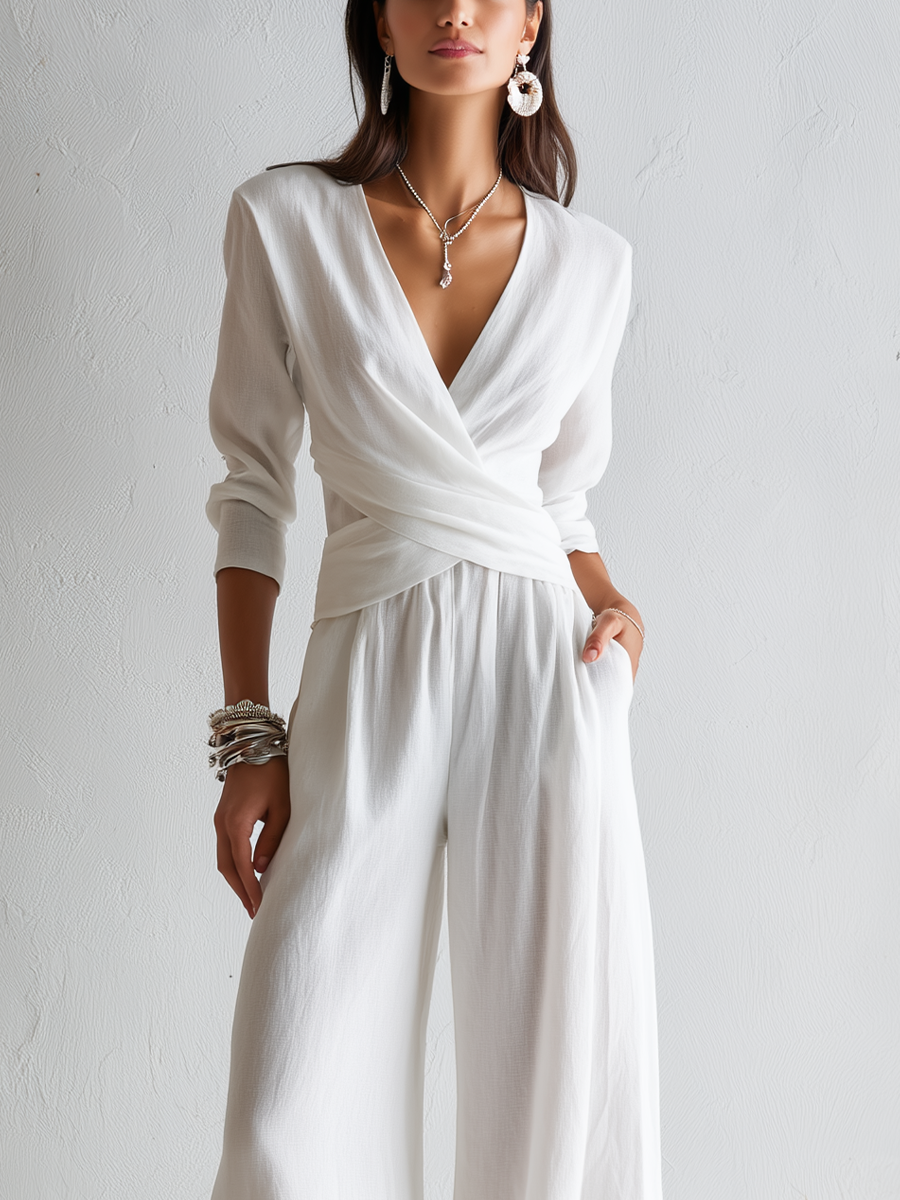 White Cotton Linen Wrap Top And Wide Leg Pants Suit