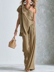Stylish Khaki Textured One Shoulder Top And Pants Set
