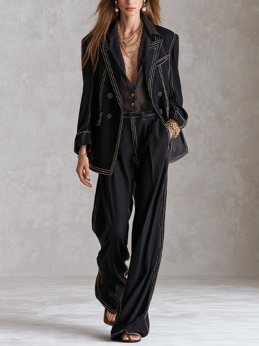 Sophisticated Black Gold Stitch Double Breasted Suit Set