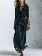 Minimalist Dark Green Draped Cowl Neck Maxi Dress