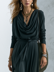 Minimalist Dark Green Draped Cowl Neck Maxi Dress