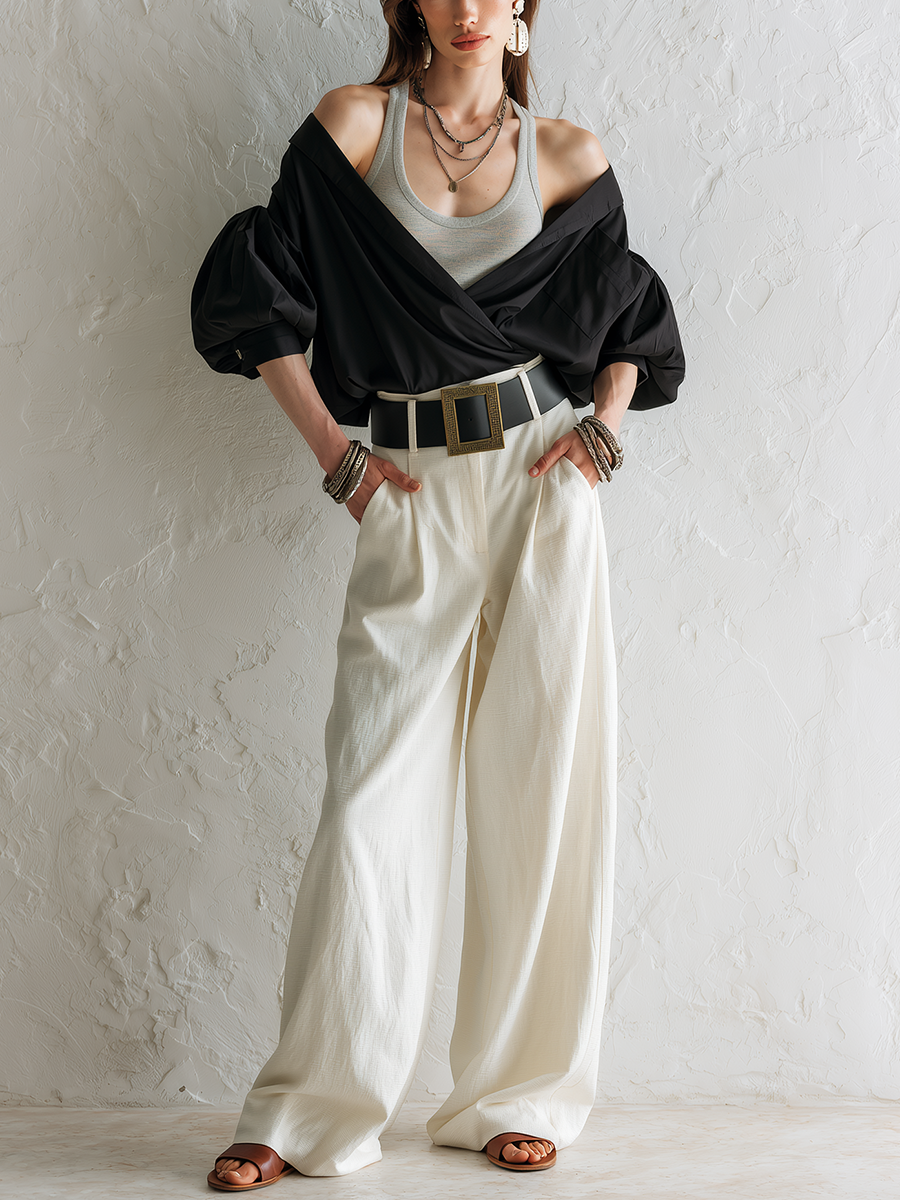 Modern Black Off Shoulder Draped Blouse With Wide Leg Pants