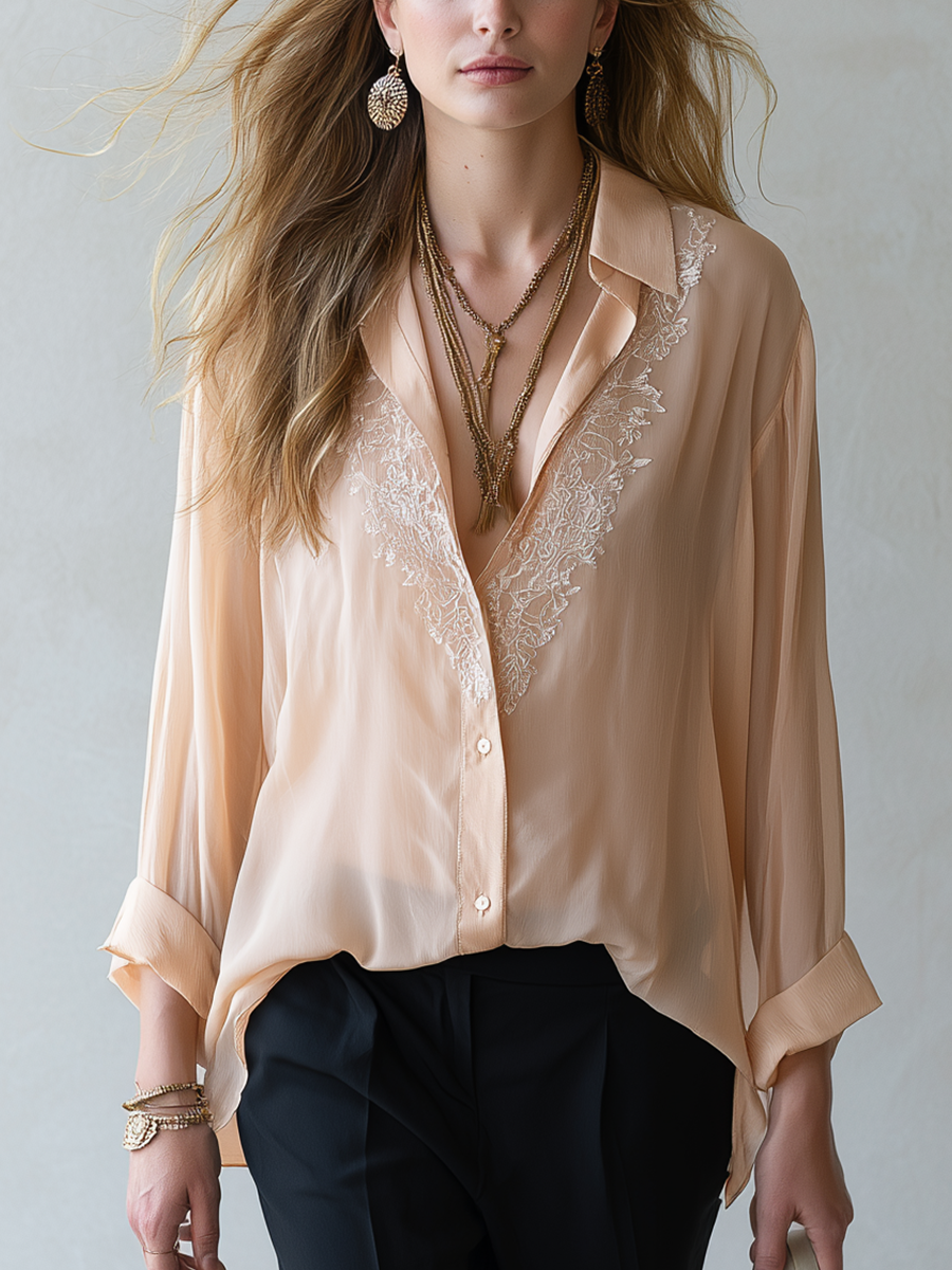 Romantic Champagne Lace Trim V Neck Blouse