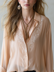 Romantic Champagne Lace Trim V Neck Blouse