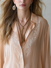 Romantic Champagne Lace Trim V Neck Blouse