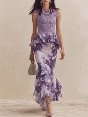 Romantic Elegant Lace-Bodice Floral Ruffle Mermaid Lavender Top And Skirt Set