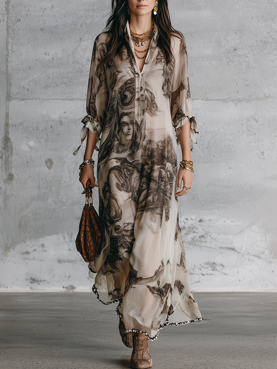 Effortless Boho Sheer Portrait-Print Loose Cream Kaftan Maxi Dress
