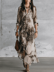 Effortless Boho Sheer Portrait-Print Loose Cream Kaftan Maxi Dress