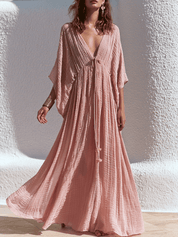 Effortless Boho Crinkle-Cotton Deep-V Batwing Blush Pink Kaftan Maxi Dress