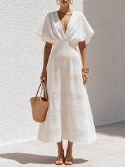 Effortless Chic Textured Cotton Deep-V Batwing White Maxi Dress