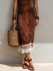 Tie-Dye Lace Trim And Button Embellishment Midi Dress