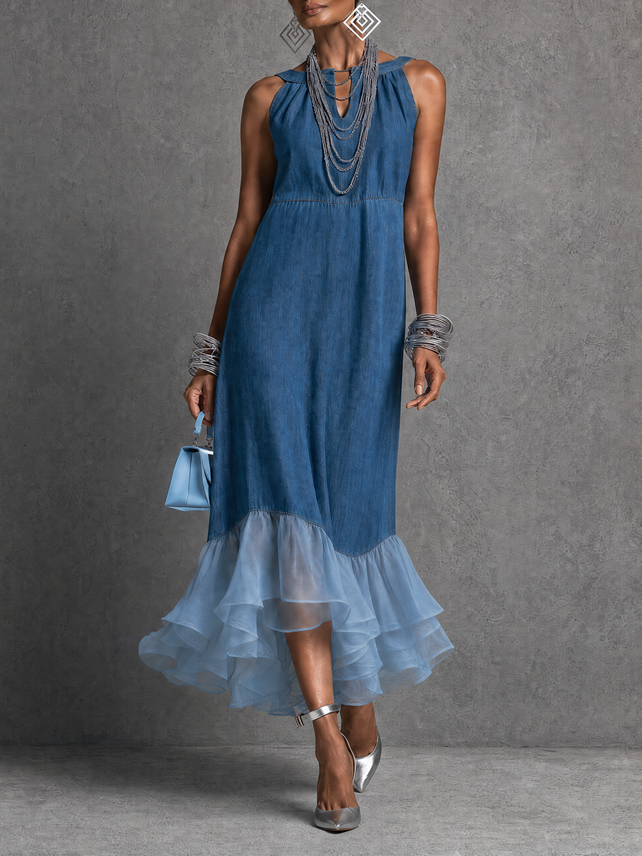 Vacation-to-Dinner Sleeveless Denim Tulle Midi Dress