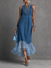 Vacation-to-Dinner Sleeveless Denim Tulle Midi Dress