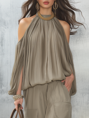 Elegant Taupe Pleated Cold Blouse & Shorts Set