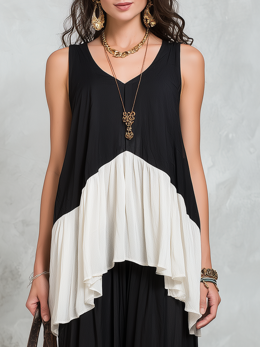 Elegant Black Colorblock Layered Skirt Set