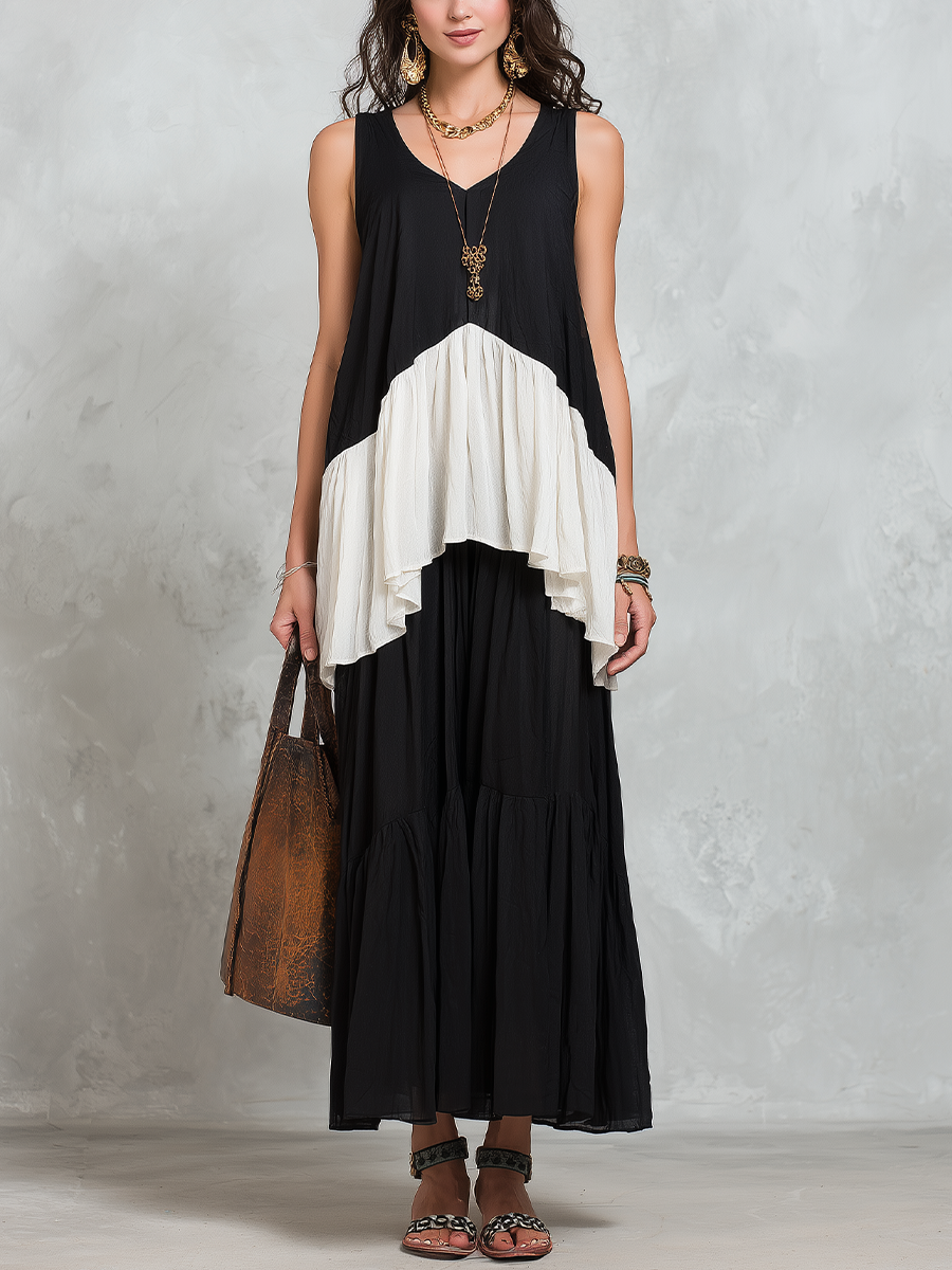 Elegant Black Colorblock Layered Skirt Set
