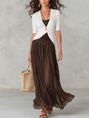 Refined White Twist Front Top & Cocoa Skirt Set