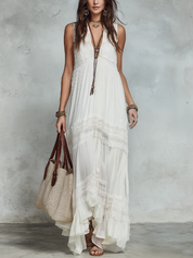 Graceful Ivory Lace Panel Maxi Dress