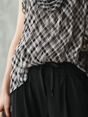 Elegant Black Plaid Ruffle Sleeveless Blouse
